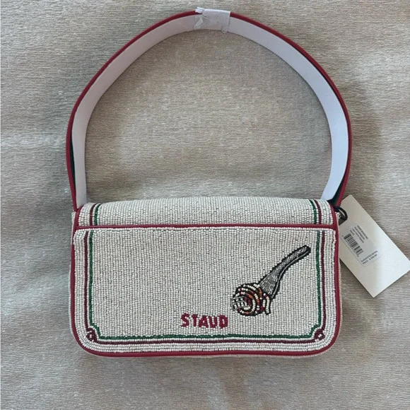 STAUD Tommy Tomato Red and White Beaded Women's Bag NWT - Picture 3 of 9